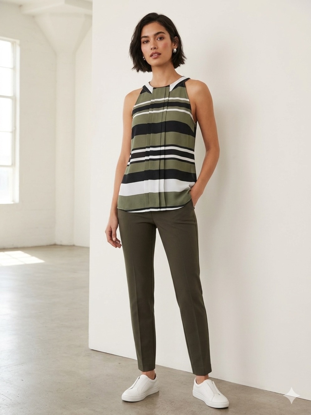 New York & Company Olive Green Black White Striped Halter Blouse